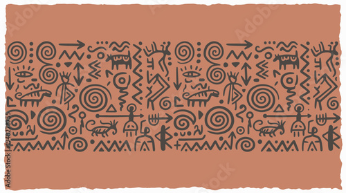 Ancient cave painting petroglyphs and tribal symbols on terracotta background with primitive animal and human figures, concept for ethnic fabric design, archaeological research and anthropology