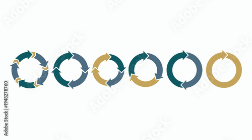 Set of circular arrow process diagrams with multiple stages in teal and gold colors on white background, concept for business workflow optimization, project management and corporate planning