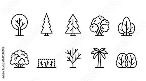 Collection of minimalist tree and bush line icons featuring pine palm hedge and foliage silhouettes on white background, concept for landscape architecture, app interface and branding