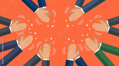 Professional hands of business executives and managers clapping in applause against orange background, concept for employee recognition, professional achievement and business success
