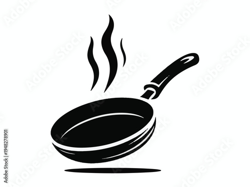 Black silhouette of a frying pan with steam rising on a white background Keywords: frying pan, skillet, cooking, kitchen