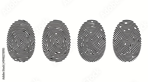 Set of four unique black fingerprint icons with detailed ridge patterns isolated on white background, concept for biometric security, digital identity verification and forensic investigation
