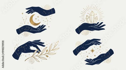 Collection of mystical hands with celestial symbols like crescent moon, crystals, constellations and olive branch, concept for astrology branding, spiritual stationery and esoteric posters