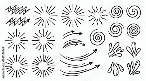 Hand drawn black doodle design elements collection featuring sunburst rays, curved arrows, decorative spirals and water splash icons, concept for comic illustration, social media and branding