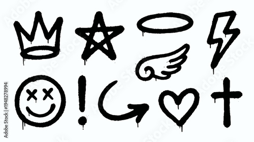Black spray paint graffiti symbols with crown star heart lightning and smile icons on white background, concept for urban street art, apparel graphics and creative visual branding