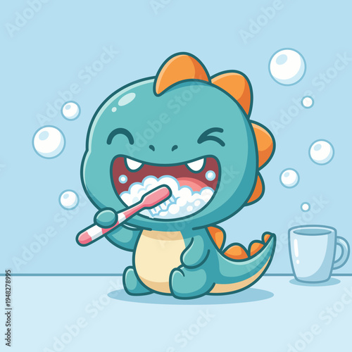 A joyful cartoon dinosaur happily brushes its teeth while surrounded by bubbles, promoting dental hygiene in a playful and engaging way for young children and parents alike.