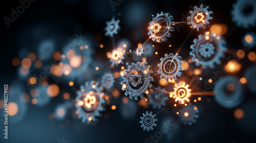 Business workflow network represented by glowing gears and digital organization chart icons, modern technology concept