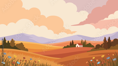 Rural landscape illustration of rolling hills with a small white house under a warm sunset sky and clouds, concept for travel promotion, nature conservation and agricultural background