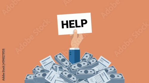 Hand of financial executive in blue suit submerged in pile of cash holding sign with help text, concept for corporate debt relief, financial crisis management and bankruptcy assistance