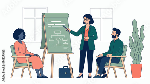 Professional project manager presenting strategic flowchart on flipchart to diverse team members in office, concept for business planning, corporate leadership and professional training