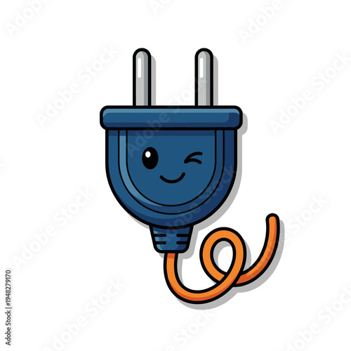 A playful illustration of an electric plug with a smiley, winking face, ideal for tech-related products, energy concepts, and colorful designs suitable for various audiences.