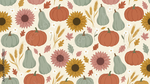 Autumn harvest pattern featuring pumpkins, sunflowers, wheat and falling leaves in muted earthy tones, concept for seasonal textile printing, thanksgiving gift wrap and rustic wallpaper design