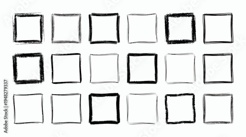 Collection of eighteen hand drawn grunge square frames with textured black brush strokes on white background, concept for creative graphic design, vintage photo border and artistic social media layout