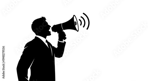Silhouette of a man with a megaphone making an announcement.