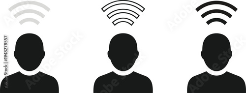 Wireless connection user icons set, wifi signal communication network technology people symbol black silhouette flat vector illustration