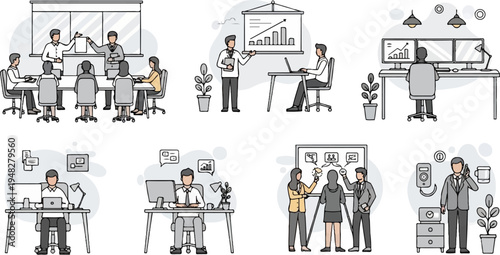 Diverse office scenes depict meetings, presentations, and individual work (1)