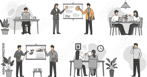 Diverse business scenes people collaborating, presenting, working and conversing