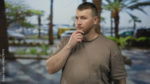 Fotografie Man, young stocky bearded, with hand on chin in brown t shirt standing by palm trees and parked cars on street; thoughtful reflection