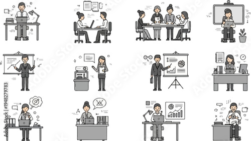 Business professionals collaborating, presenting, and working at desks (5)