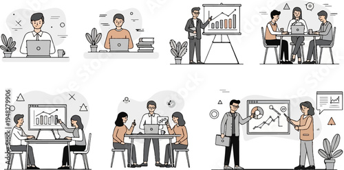 Business professionals collaborate, analyze data, and present findings