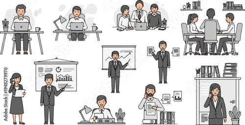 Business people collaborating, presenting, and working in office settings