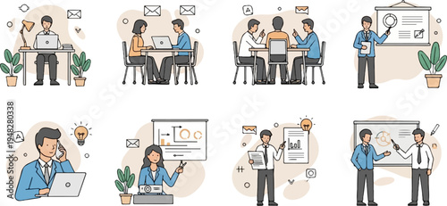 Business meeting illustrations depicting collaboration, presentations, and individual work