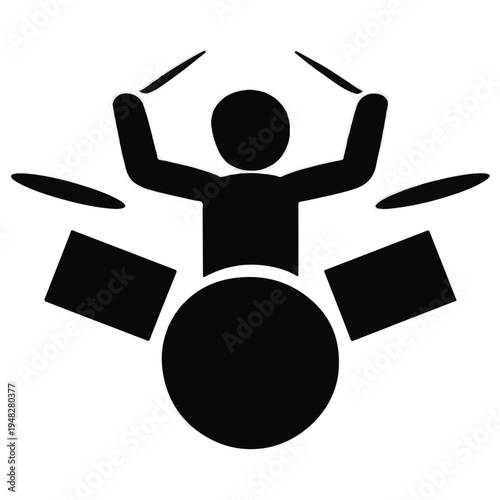 Simple icon of a drummer playing a drum kit Keywords: drummer, drum kit, playing, music, percussion, rhythm, beat, icon