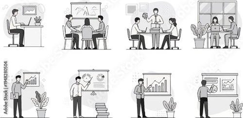 Diverse office scenes with individuals and groups in meetings and presentations