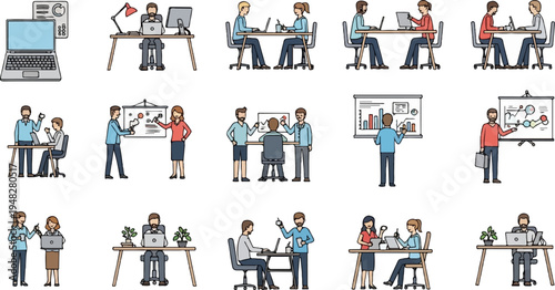 Diverse office scenes with people working on laptops and presenting data (1)