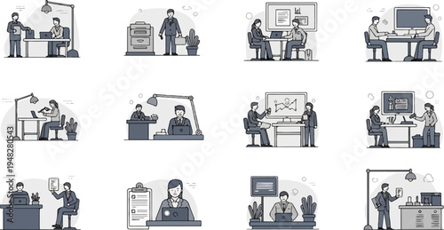 Diverse office scenes with professionals interacting, working, and presenting