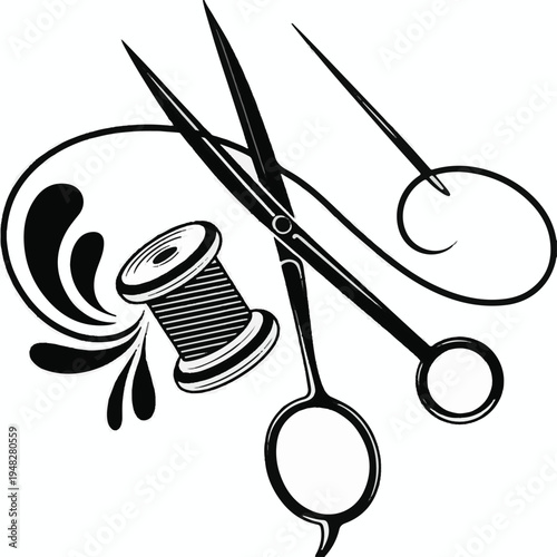 Stylized Sewing Tools Including Scissors Needle And Thread Spool With Swirls vector illustration