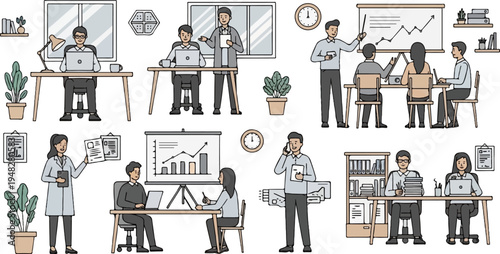 Diverse office workers engage in various tasks presentations, meetings, and desk work