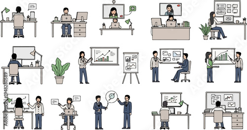 Diverse office workers engaged in meetings, presentations, and individual tasks