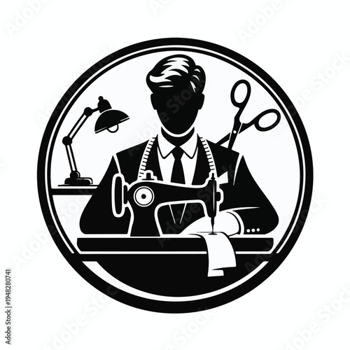 Tailor at sewing machine with scissors and lamp in circle Keywords: tailor, sewing, dressmaker, fashion, clothing, garment