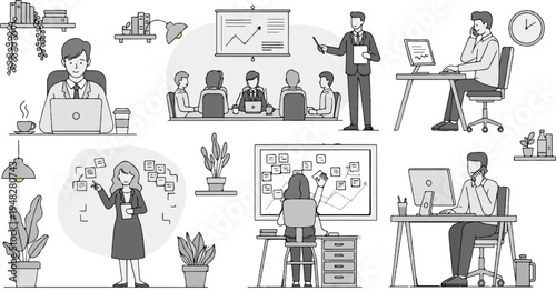 Office scenes showing people working at desks and in meetings (1)