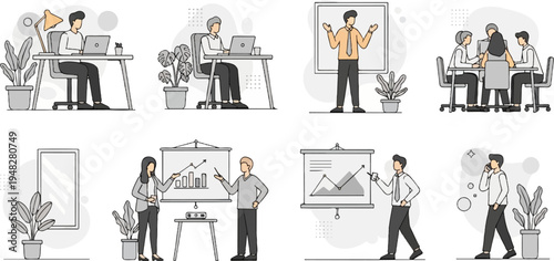 Modern office scenes depicting people working, presenting, and collaborating