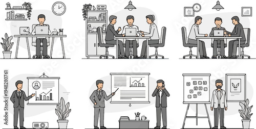 Office scenes showing collaboration, presentations, and individual work