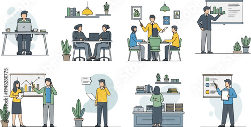 Office scenes showing collaboration, presentations, and individual work (1)