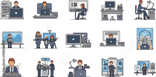 Office workers at desks with computers and equipment