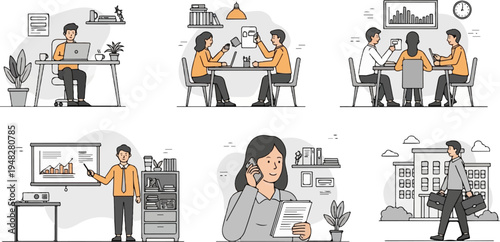 Diverse office scenes individuals working, meetings, presentations, and commuting
