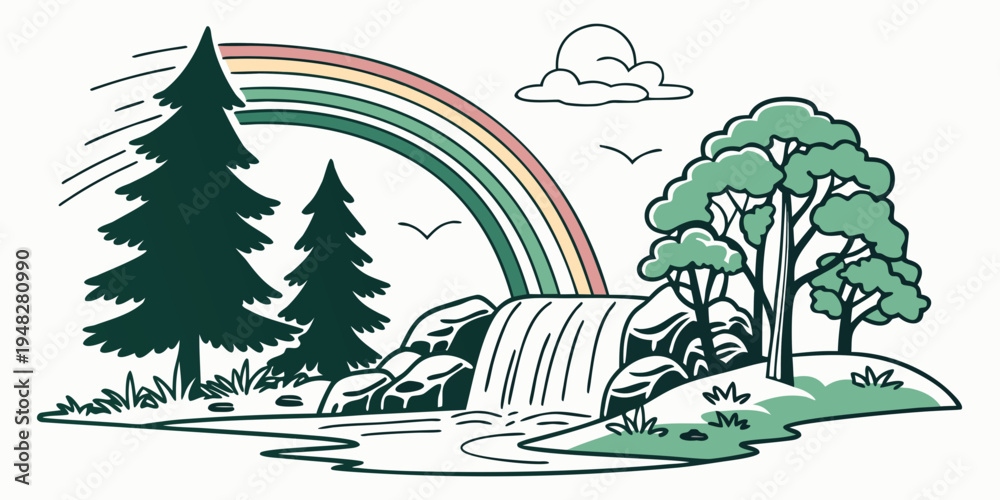 Obraz premium a waterfall under a rainbow in a forest with trees Vector