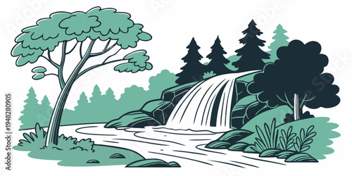 a serene waterfall in a forest with trees and bushes Vector