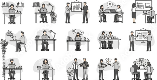 Diverse office scenes featuring individuals working, collaborating, and presenting ideas