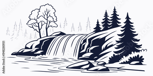 a waterfall cascading down a rocky slope surrounded by trees Vector