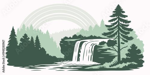 a waterfall in a forest with a rainbow in the background Vector