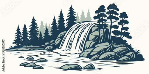 a waterfall in a forest with trees and rocks Vector