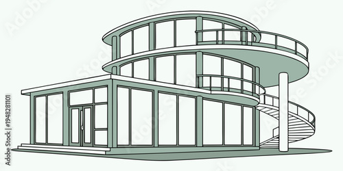 a large building with a curved balcony and stairs Vector
