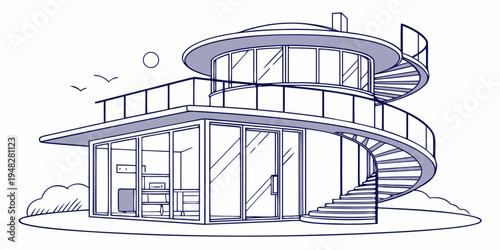 a large house with a spiral staircase and balcony Vector