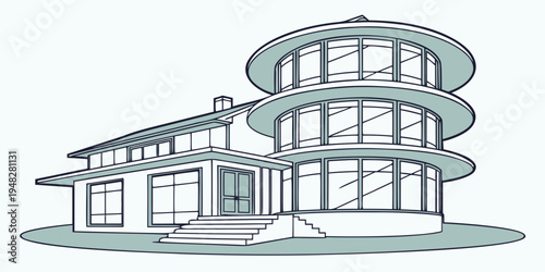 a large house with a rounded roof and balconies Vector