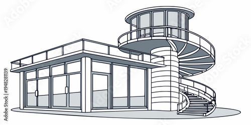 a modern house with a spiral staircase and balcony Vector